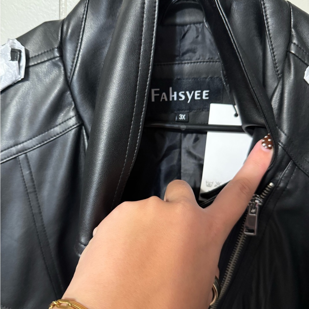 Black Faux Leather Jacket with Zipper Details - Picture 2 of 3